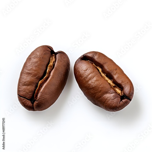 Two roast coffee beans, studio shot. Isolated on White. close up of two dark roasted fair trade coffee beans.