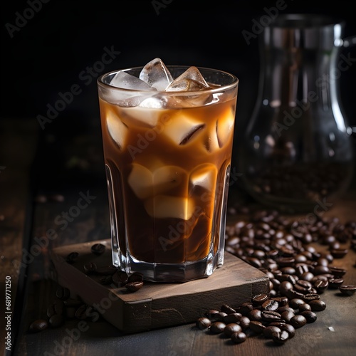 Cold drink with espresso and tonic in glass on black background. Cold espresso coffee tonic in a glass with ice on a wooden table.