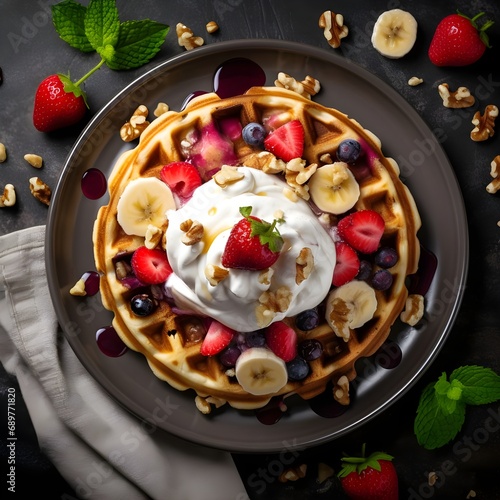 High angle view of breakfast served on table. Waffle with blueberry Jam and whipped cream.