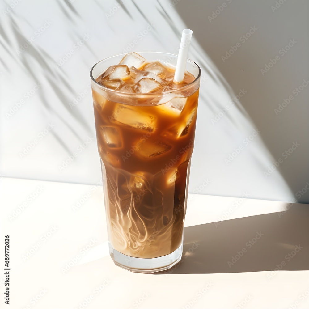 Iced coffee drink in a crystal glass on the white table in natural light, long shadows, minimalist photo Iced coffee drink in a crystal glass on the white table in natural light, long shadows, minimalist photo