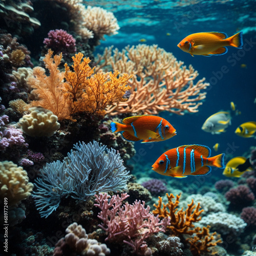 Coral reef and fish  vibrant underwater ecosystem  colorful marine life among coral reefs  diverse fish swimming in coral formations