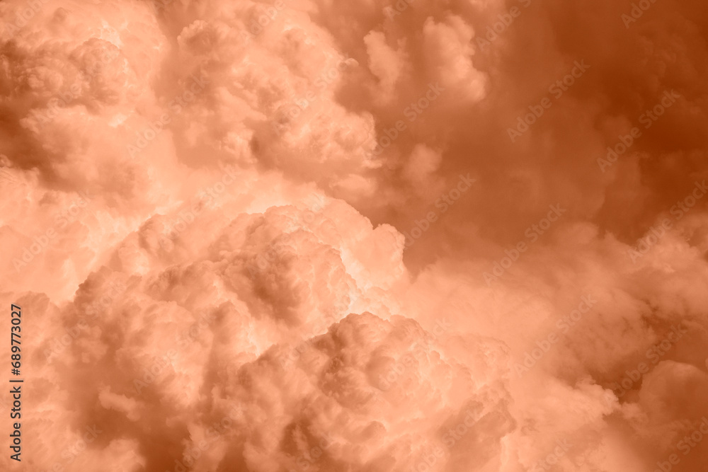 Banner. Color of the year 2024, Peachy Fuzz. sky cloudy background, dark clouds for rainy weather and sad mood