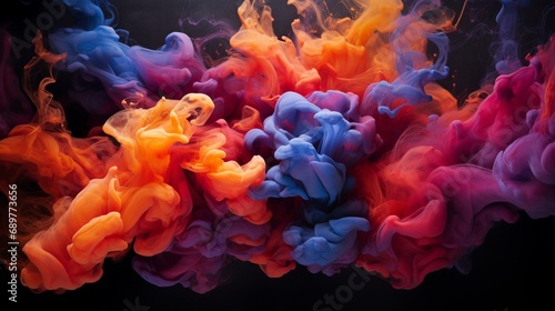 Colorful plumes of smoke gracefully rising and swirling in a hypnotic dance, their vivid pigments contrasting strikingly with the deep darkness behind.