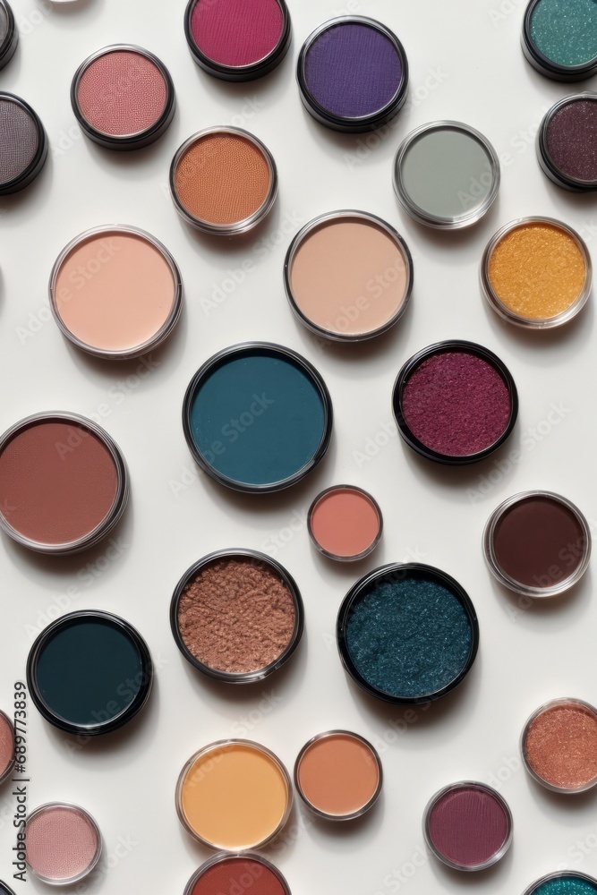 Top view of a lot of colorful eye shadow on a white background. Cosmetics and beauty concepts. Top view of a lot of colorful eye shadow on a white background. Cosmetics and beauty concepts.