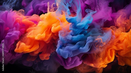 Colorful plumes of smoke gracefully rising and swirling in a hypnotic dance, their vivid pigments contrasting strikingly with the deep darkness behind.