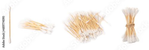 Cotton buds isolated on a white background. Environmentally friendly materials. Wooden  cotton swabs on a white background. Bamboo swabs and cotton flowers. Zero waste  plastic free lifestyle concept.