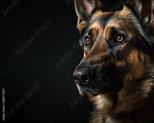 Close-up pet portrait of a beautiful loyal German Shepherd dog breed on a dark backdrop, studio photography, side view.