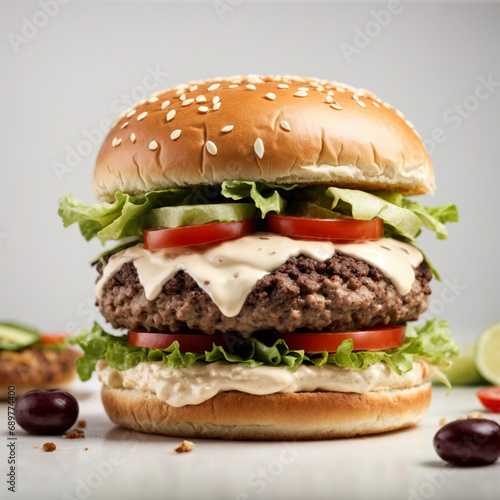 Hamburger on a white background, fast food photography, burger close-up, food on plain backdrop, isolated hamburger, white backdrop food styling
