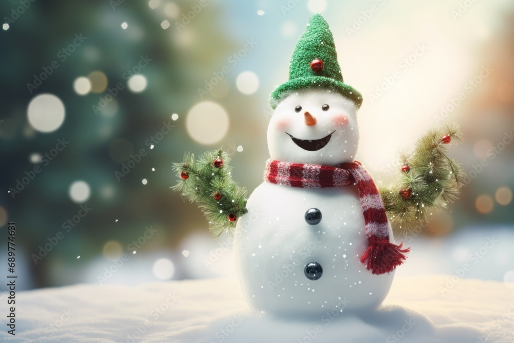 Obraz premium positive funny snowman in a green hat