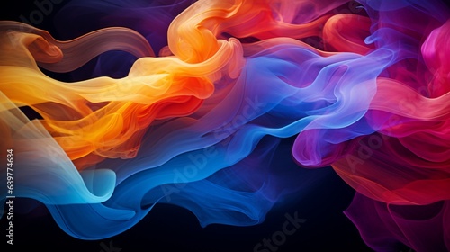 Ephemeral waves of brilliant, colorful smoke weaving intricate patterns, their vivid beauty heightened by the stark contrast of the black background.