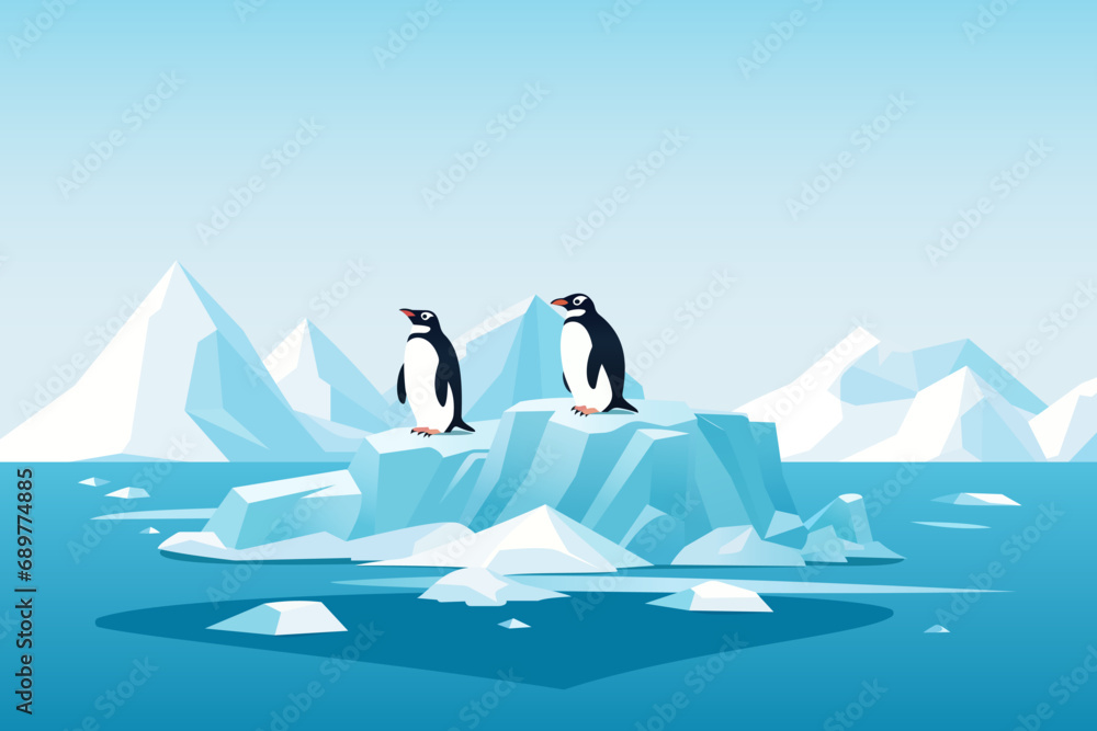 Obraz premium Penguins on an ice floe. Cheerful penguins swim on an ice floe against the backdrop of a landscape of large glaciers and icebergs. Vector illustration for postcard, poster, cover or design.