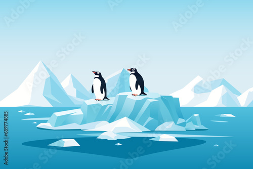 Penguins on an ice floe. Cheerful penguins swim on an ice floe against the backdrop of a landscape of large glaciers and icebergs. Vector illustration for postcard, poster, cover or design. photo