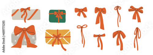 Different red bows, ribbon, bow knots, bowtie, packaging boxes set. Decorative elements vector illustration. Festive gifts dressed up giftwrap. Birthday, Christmas, new year gift box, holiday present
