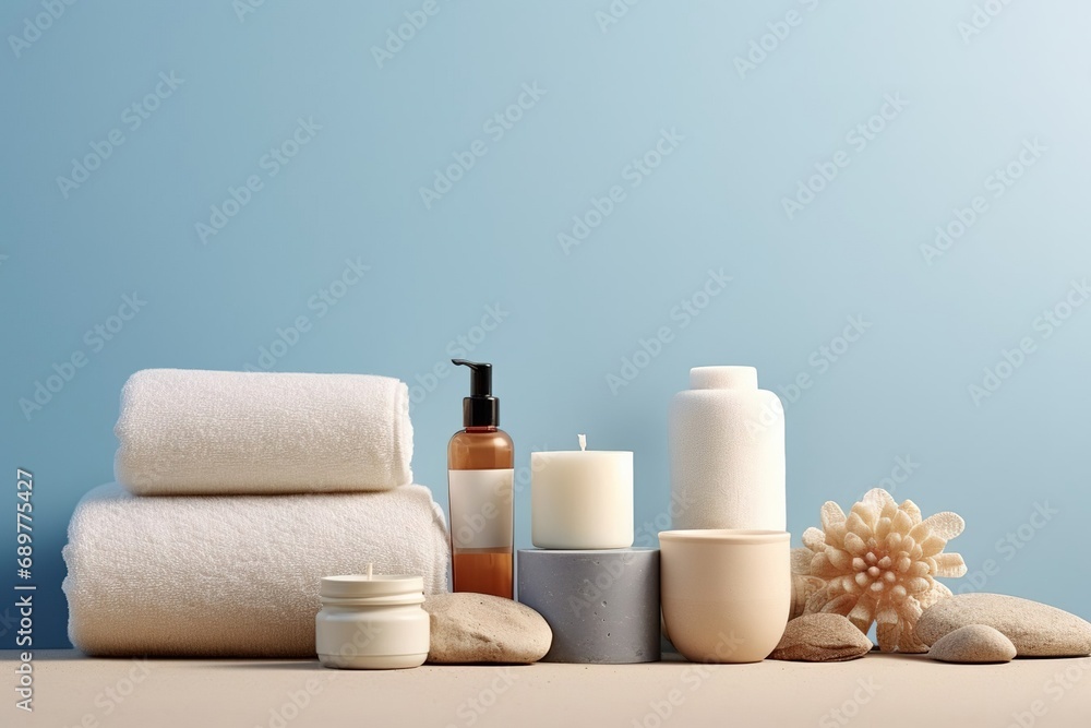 Beautiful spa setting with towels, candle, stones on blue background. Place for text.