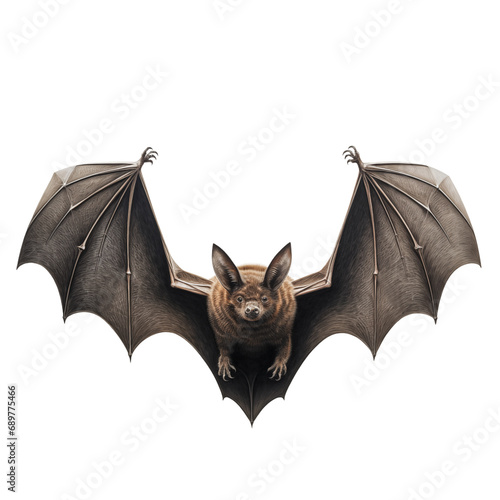 A flying black bat is cut out on a transparent background. Mockup of a bat with spread wings in PNG format for inserting into a design or project.