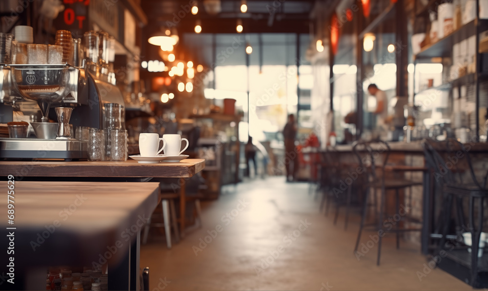 Defocused Coffee shop background with focus on mugs