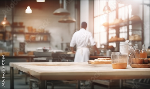 Empty wooden table in professional restaurant kitchen background