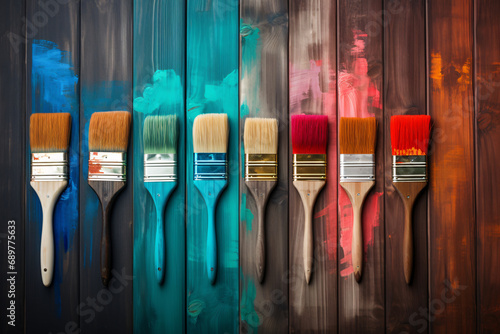 Paint brushed on a wooden surface with different colors depicting the concept of art, creativity, and artistic expression