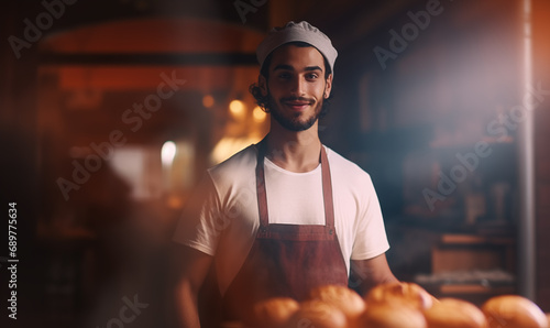 Smiling young bakery owner wearing apron inside his bread making business