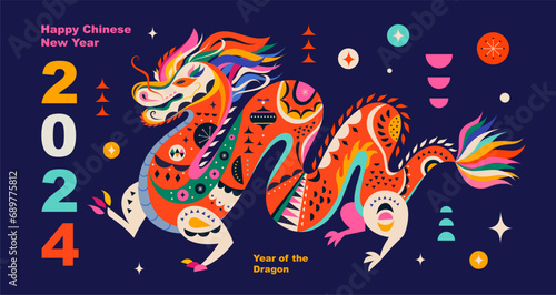 Happy New Year 2024 concept design. Chinese dragon vector illustration. Happy Chinese New Year 2024 vector design. Symbol of 2024. Year of the Dragon.	
