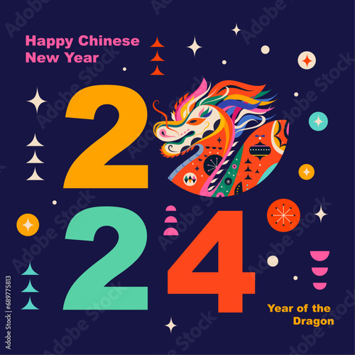 Happy New Year 2024 concept design. Chinese dragon vector illustration. Happy Chinese New Year 2024 vector design. Symbol of 2024. Year of the Dragon.   © moleskostudio
