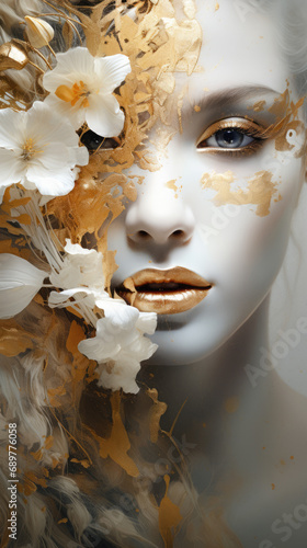 Portrait of a woman with flowers, asbstract paining style poster, living room deco art photo