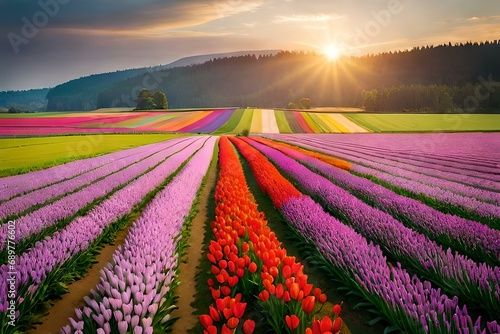 field of tulips at sunset