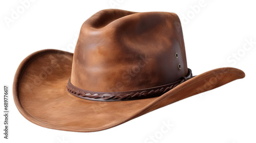 Rodeo cowboy wearing brown leather hat isolated on transparent