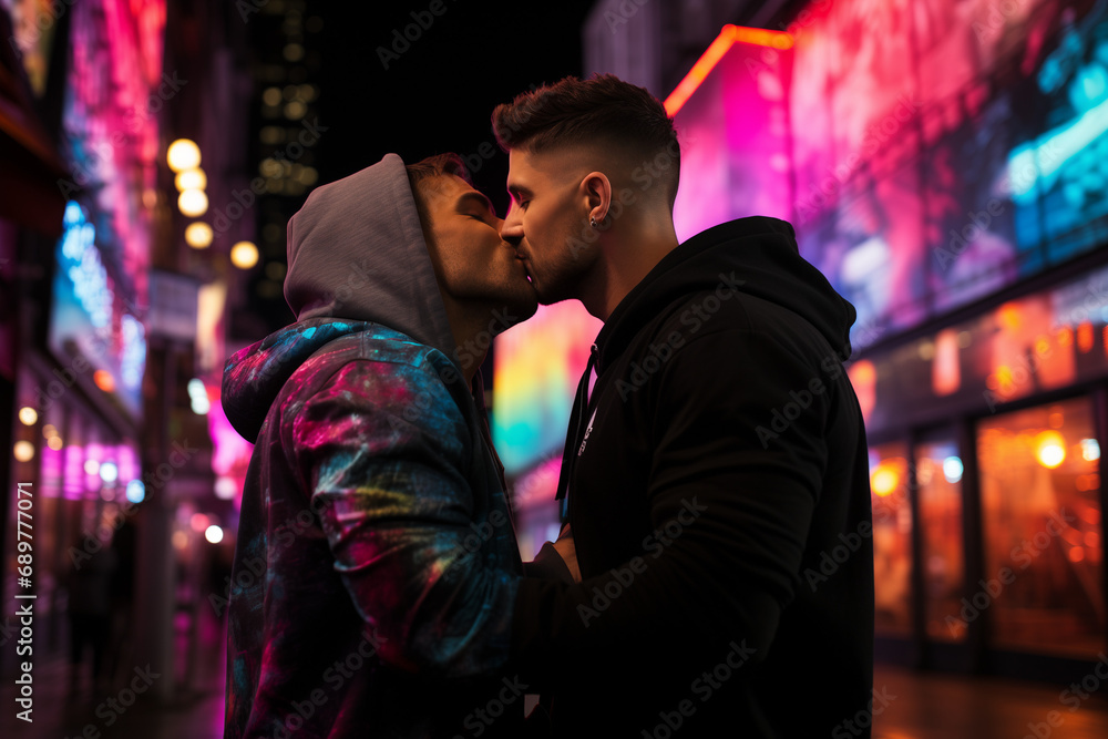 Gay Couple in Love on a Romantic Date through the Streets of a City at Night, Creating Lasting Memories with Affectionate Kisses and Joyful Embraces in City Lig Gay Couple in Love on a Romantic Date through the Streets of a City at Night, Creating Lasting Memories with Affectionate Kisses and Joyful Embraces in City Lig