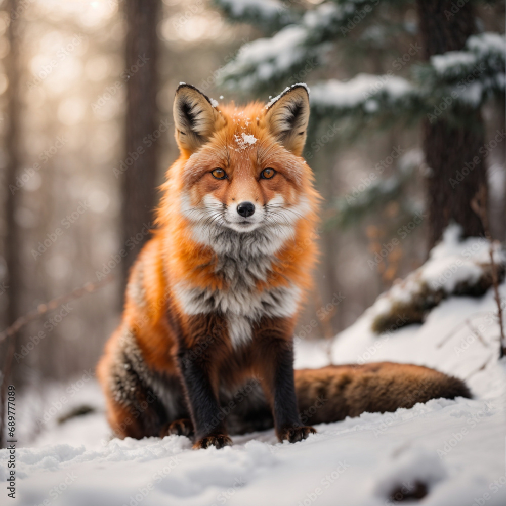 Fototapeta premium Red Fox in the Snow, Fox With Red Fur Amidst the Snowy Landscape
