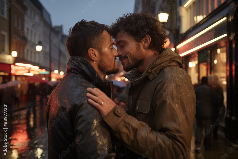 Gay Couple in Love on a Street Date in the Rain, Embracing the Beauty of Rain-Kissed Romance with Tender Kisses and Loving Embraces Gay Couple in Love on a Street Date in the Rain, Embracing the Beauty of Rain-Kissed Romance with Tender Kisses and Loving Embraces