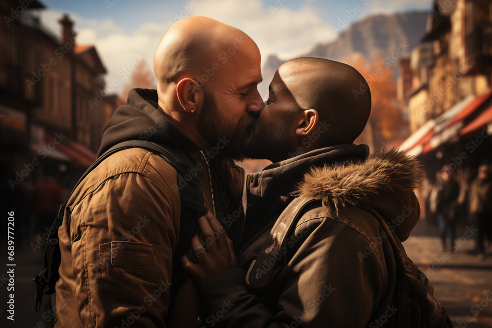 Obraz premium Gay Couple in Love on a Romantic Date through City Streets on a Sunny Day, Expressing Affection through Warm Embraces and Kisses