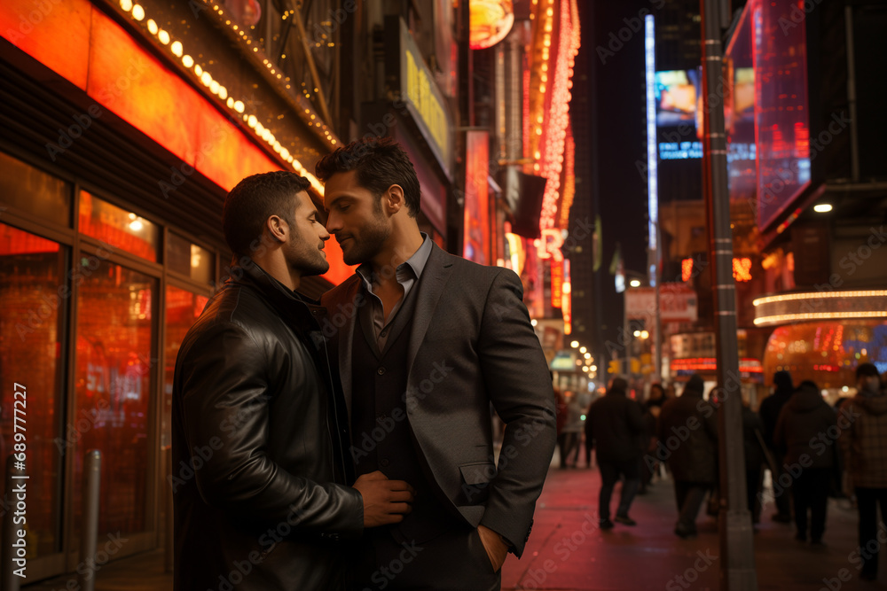 Gay Couple in Love on a Romantic Date through the Streets of a City at Night, Exchanging Passionate Kisses and Embracing the Night's Romance in Urban Splendor