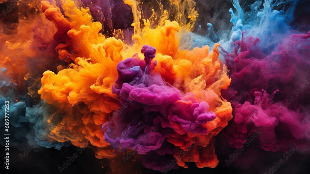 Explosions of vibrant, multicolored smoke creating an otherworldly spectacle, swirling and twirling against the inky darkness of the background.