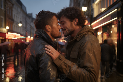 Gay Couple in Love on a Street Date in the Rain, Embracing the Beauty of Rain-Kissed Romance with Tender Kisses and Loving Embraces