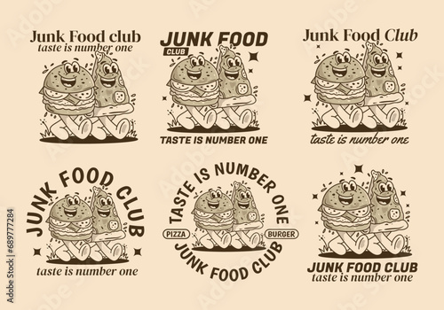 Junk Food club, taste is number one. Character illustration of walking burger and pizza