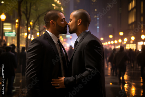 Gay Couple in Love on a Romantic Date through the Streets of a City at Night, Sharing Intimate Kisses and Warm Embraces Amidst the Enchanting Glow of City Light