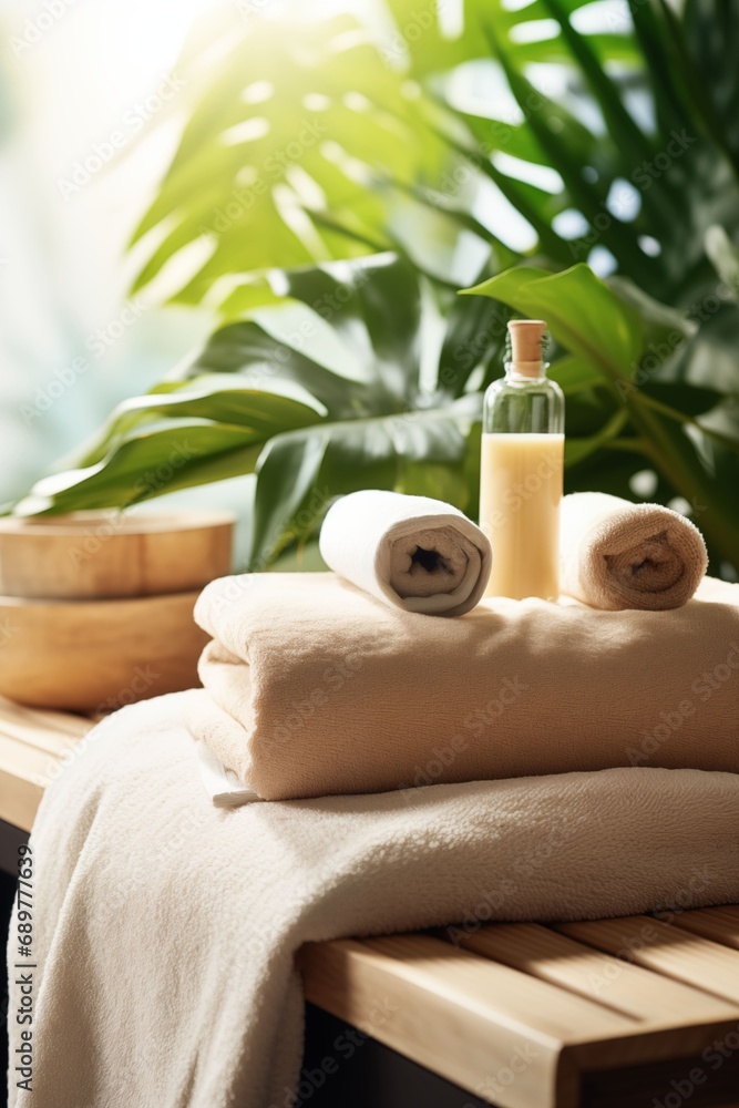 Beautiful Composition of spa treatment on wooden background. Concept spa background for your advertising text and promotion. Lotion, towel, monstera leaves, close up