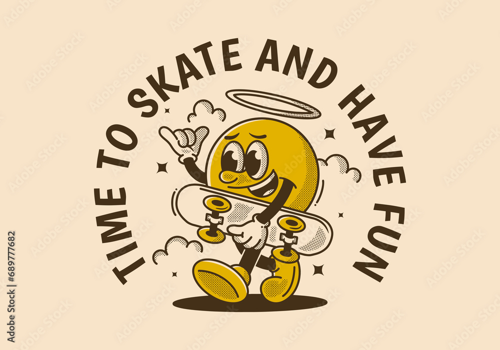 Time to skate and have fun. Walking ball head character holding a skate board Time to skate and have fun. Walking ball head character holding a skate board