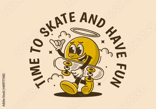 Time to skate and have fun. Walking ball head character holding a skate board