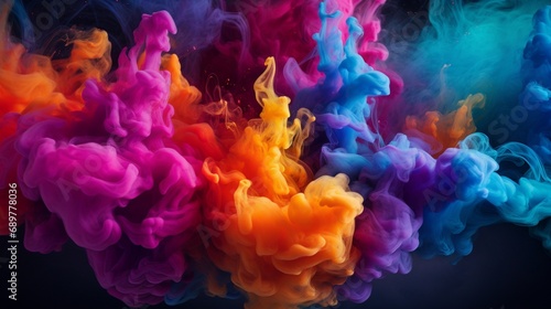 Explosions of vibrant  multicolored smoke creating an otherworldly spectacle  swirling and twirling against the inky darkness of the background.