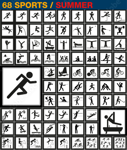 Une collection complète d’icônes ou pictogrammes de sports, pour la signalisation de toutes les compétitions pratiqués en été.