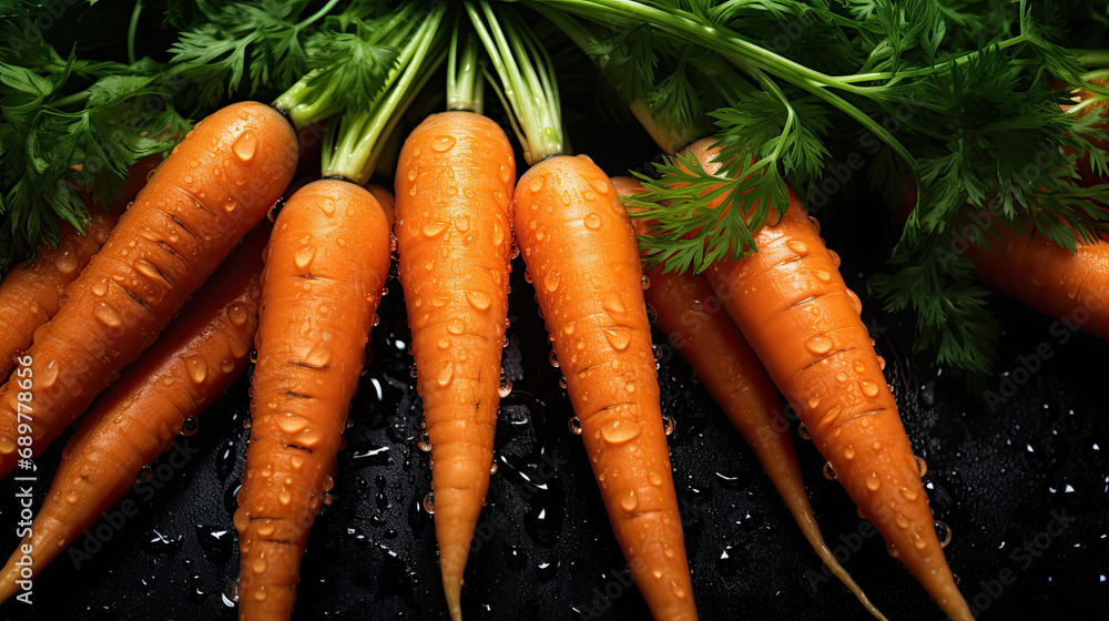Bunch of wet carrots on a black background. Banner concept for grocery store. - obrazy, fototapety, plakaty 
