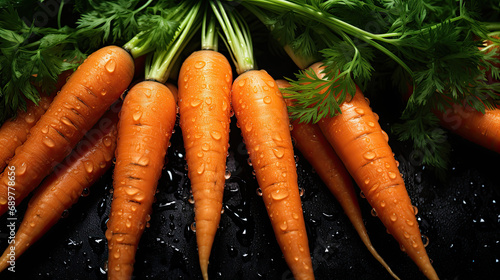 Bunch of wet carrots on a black background. Banner concept for grocery store. photo