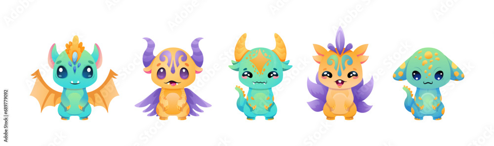 Cute Monster set with different eyes, wings, horns. Little dragons collection with hand drawn vector illustration. Alien characters in modern gradient colors. Green yellow and violet dragons