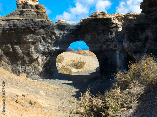 Panorama view of the most unique rock formations in Lanzarote. Called Stratified City or  Antigua rofera de Teseguite. Canary Islands, Spain, Europe. photo