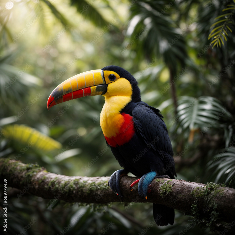 Obraz premium Toucan Perched on a Branch, Colorful Toucan on a Tree Branch