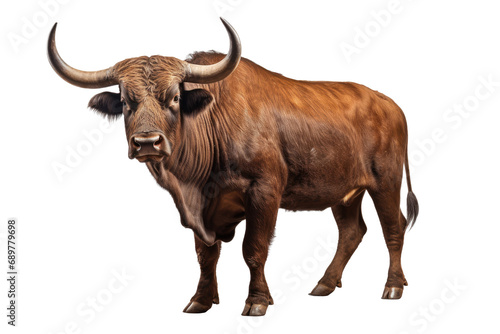 Strongest dark brown bull with muscles and long horns portrait looking at camera isolated on clear png background, Animals Fighter concept