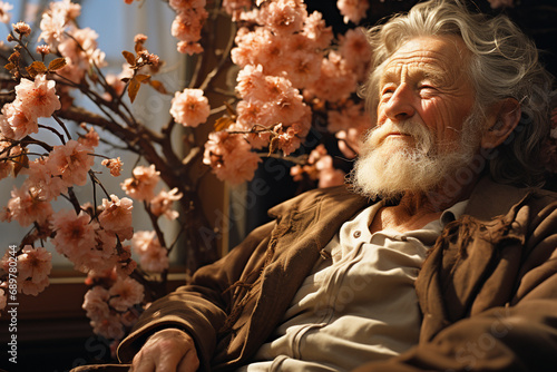 elderly man sitting in a park with flowering trees around him