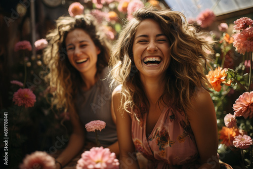 Happy and smiling two women with flowers around in garden